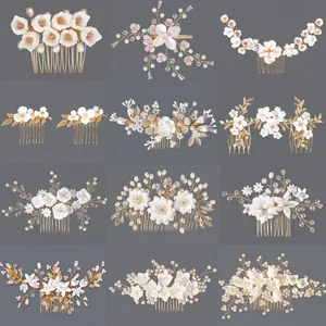 Bridal Hair Comb Handmade White Polymer Clay Flower Faux Artificial Pearl Crystal Silver Leaf Wedding Headpiece For Women