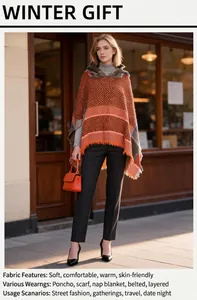 Elegant women's herringbone pattern hooded poncho cape shown in outdoor setting