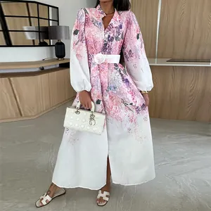 Women Elegant Lapel Botanical Print Shirt Maxi Dress High Waist Single Breasted Short Sleeve A-Line Vacation Long Dress