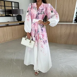 Elegant floral print long sleeve maxi shirt dress with waist belt and collar for spring