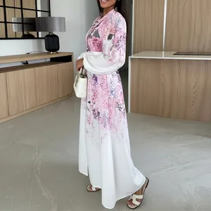 Elegant floral print long sleeve shirt dress with button-down design and high waist tie