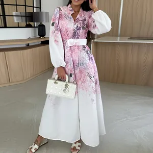 Elegant long sleeve floral print shirt dress with lapel and waist belt for women