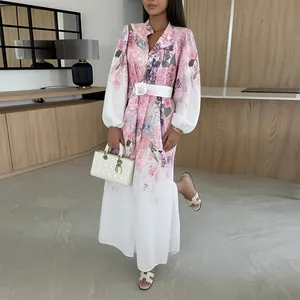 Full-length floral shirt dress with button-down front and matching waist belt