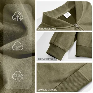 Detailed view of olive green suede-knit zip-up jacket for men with slim fit design