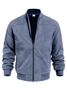 Detailed view of premium men's blue suede knit jacket with stand collar and zipper closure