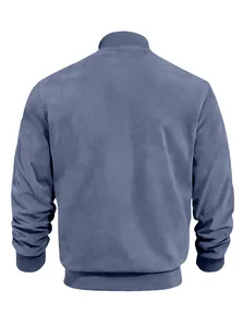 Back view of a men's blue suede bomber jacket showing textured fabric and ribbed hem