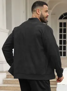 Back view of a black suede knit bomber jacket for men, slim fit casual style.