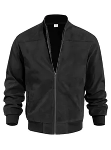 Close-up of black suede bomber jacket featuring ribbed cuffs and stand-up collar