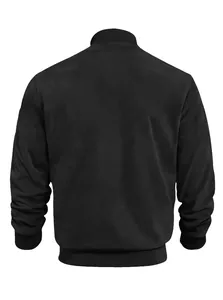 Rear view of premium black suede knit bomber jacket featuring stand collar and slim fit design