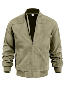 Detailed front view of a men's slim-fit suede jacket with a knit stand collar and zipper.