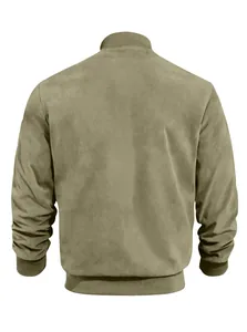 Back view of a slim fit suede bomber jacket with ribbed knit cuffs and hem