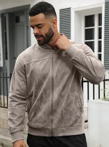 Stylish men's slim fit suede knit bomber jacket with stand collar in street setting
