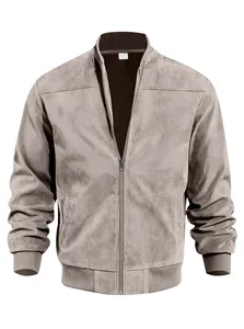 Front view of men's suede knit jacket featuring stand collar and smooth zipper closure