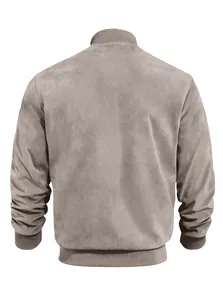 Detailed back view of men's slim fit faux suede bomber jacket with knit ribbing