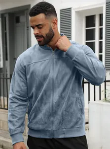 Detail of premium blue suede zip-up jacket with stand collar for men