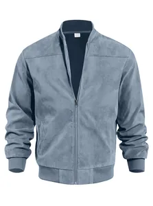 Close-up view of premium blue faux suede men's jacket with zipper and ribbed knit collar