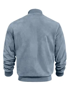 Back view of a men's slate blue suede slim-fit bomber jacket with knit collar.
