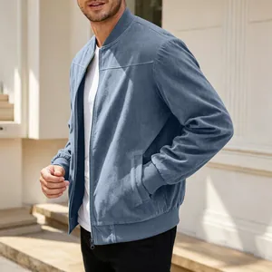 Men's slim fit blue suede bomber jacket with stand collar and a zipper closure.