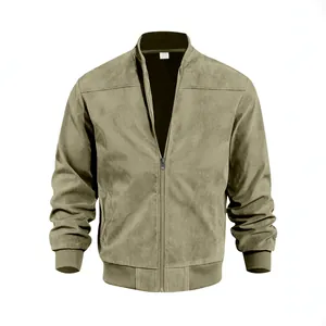 Men's stylish khaki suede knit stand collar jacket featuring a full zip and slim fit design