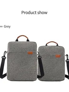 Professional men's grey oxford laptop bag and crossbody shoulder briefcase shown in two sizes
