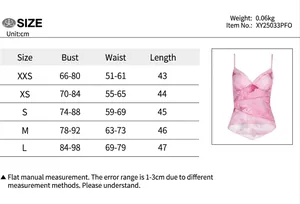Comprehensive size chart for pink floral print camisole top with bust and waist data.