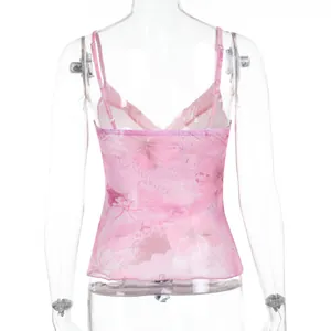 Detailed back view of a pink floral print camisole with lace trim and slim fit