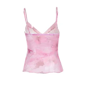 Back view of a stylish pink floral mesh camisole with thin adjustable straps for women