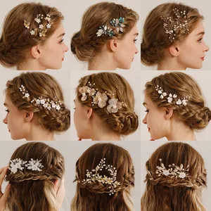 Elegant handmade bridal hair accessories set with crystals and pearls in floral leaf designs