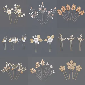 Vintage Gold Flower Leaf Bridal Hair Stick Set With Artificial Pearl Rhinestone Handmade U Shaped Hair Pin For Women Wedding Jewelry