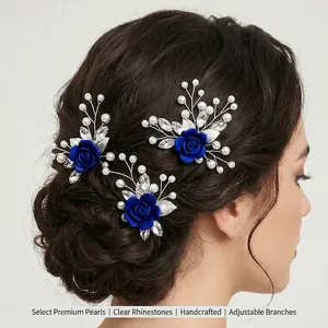 Handmade bridal hairpins with blue roses, pearls, and crystals shown on a model.
