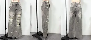 Umfassende Mehrwinkelansicht von grauen Damen-Jeans mit stark zerstörten Details