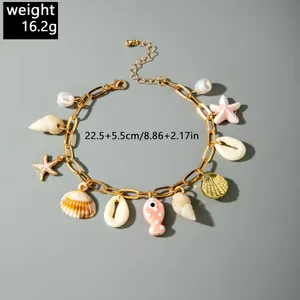 Bohemian anklet with shell and fish charms showing weight and length specs