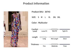 Product specifications and detail view of geometric pattern sleeveless maxi dress for summer
