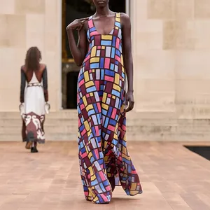 Elegant loose sleeveless maxi dress with a vibrant colorful geometric grid pattern