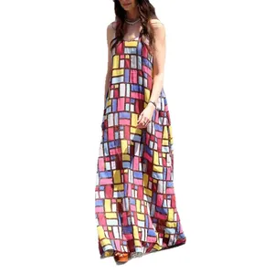 Casual round neck sleeveless maxi dress featuring a vibrant geometric pattern print