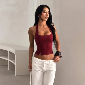 Elegant maroon halter neck slimming tank top with side slits for trendy summer streetwear
