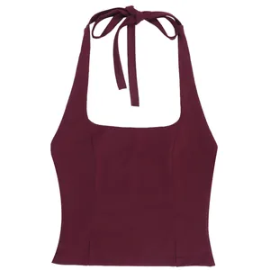 Front view of a burgundy halter neck slim-fit vest with tie straps and slit details