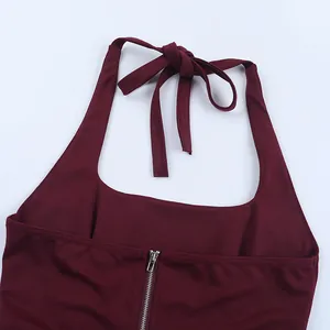 Detail view of a burgundy halter top featuring back zipper and adjustable neck tie.