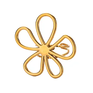 Elegant 18K gold plated open ring featuring a large five-petal wireframe flower design.