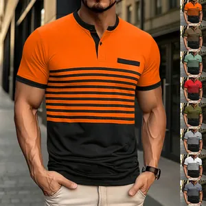 Men's casual V-neck polo shirt with striped color-block design and chest pocket details.