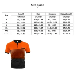 Size chart details for men's casual striped color blocked polo shirt with V-neck