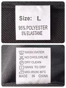 Close-up of the care label for a men's polo shirt showing size L and material details