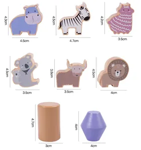 Detailed size specifications for various wooden animal blocks and geometric stacking shapes
