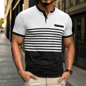 Detail of a men's striped color-block polo shirt with a henley v-neck and chest pocket