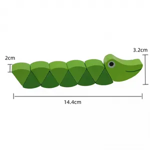 Green wooden caterpillar stacking toy for toddlers with detailed product dimensions