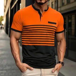 Stylish men's orange and black striped polo shirt with chest pocket in urban setting