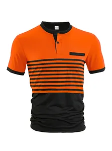 Men's casual V-neck polo shirt with orange and black striped color block design