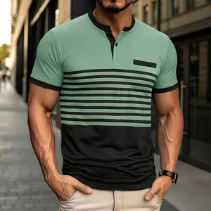 Detailed view of men's slim fit polo shirt with mint green and black striped color block