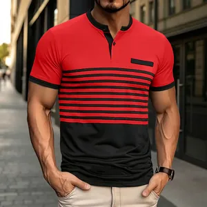 Detailed view of men's casual polo shirt featuring color-block stripes and a chest pocket