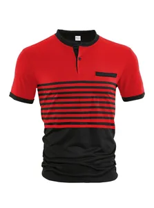Detail view of men's red and black striped color block polo shirt with chest pocket